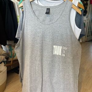 Gray men’s  Tank Top. TAUK DIRTY TO ME  registered trademark Montauk ny